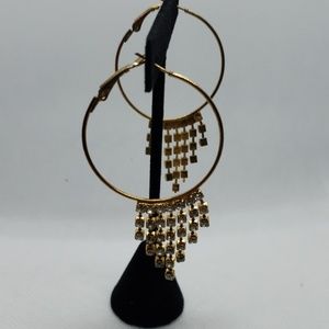 Gold hoop earrings with rhinestone crystal dangles disco chic